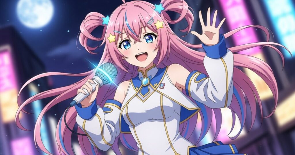 夜の街中でピンク髪VTuberがマイクを持って元気に歌うイラスト