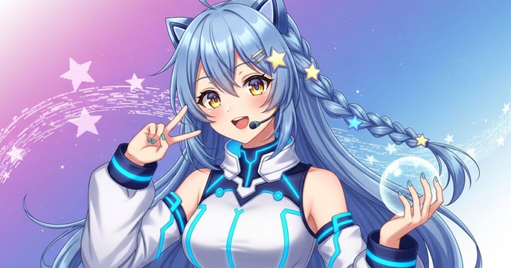 星をあしらった髪飾りの青髪VTuberが宇宙背景でピースサインをするイラスト