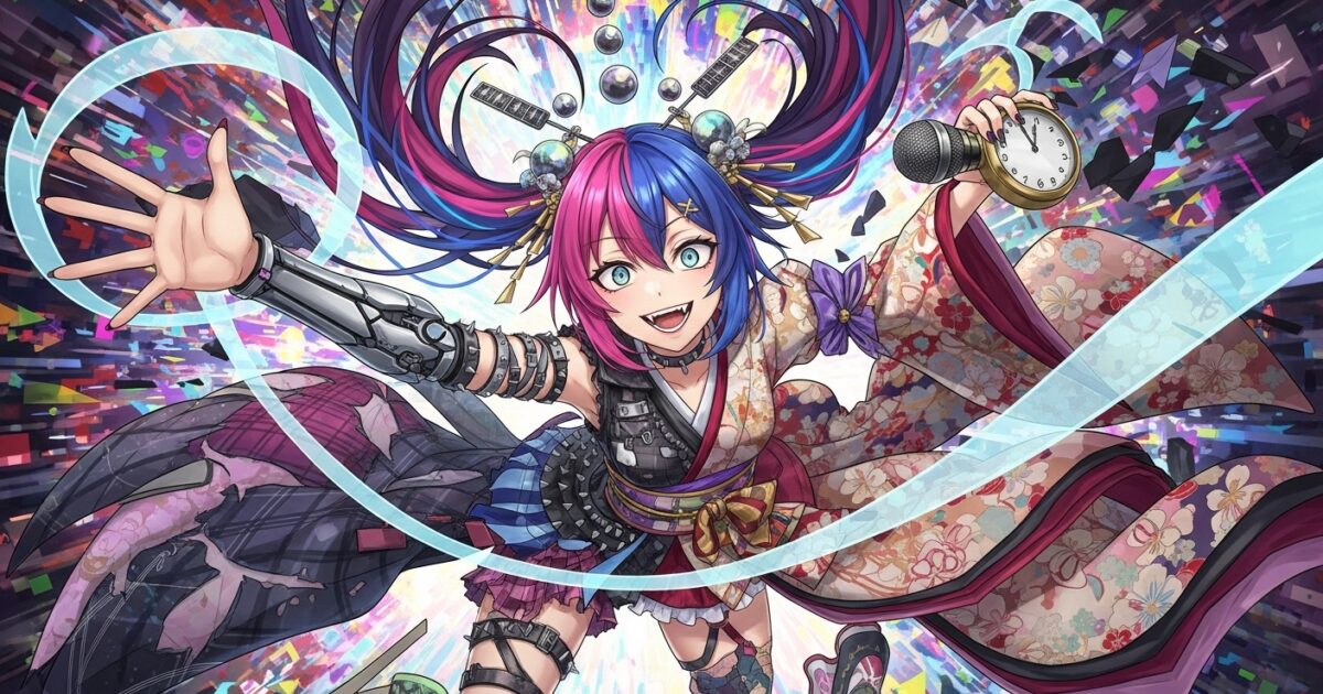 サイバーパンク風着物姿のVTuberがマイクと時計を持って歌うイラスト