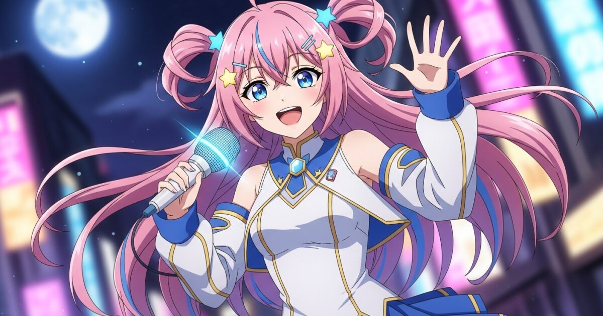 夜の街中でピンク髪VTuberがマイクを持って元気に歌うイラスト