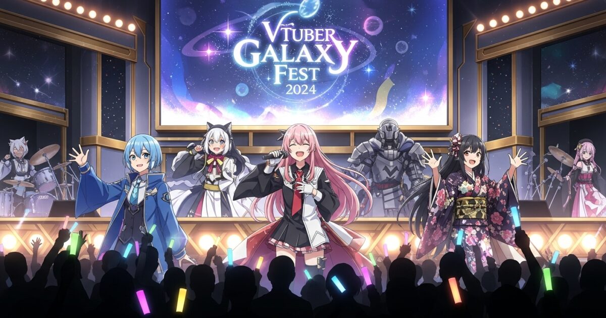 VTuberたちがVTuberGalaxyFest2024のステージで観客に向かってパフォーマンスするイラスト