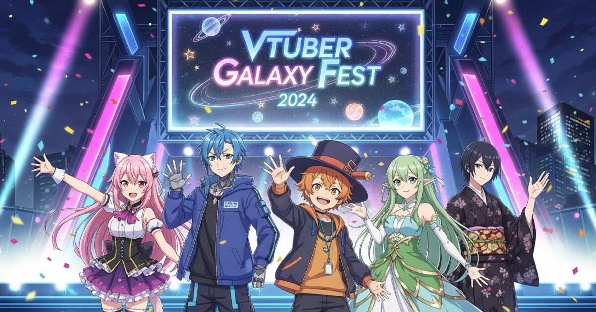VTuberたちがVTuberGalaxyFest2024の屋外ステージでポーズを決めるイラスト