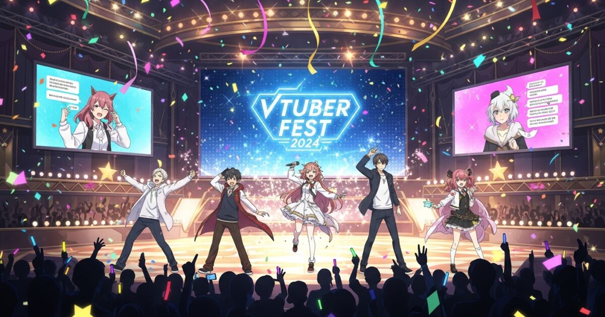 VTuberたちがVTuberFest2024のステージでライブを行うイラスト