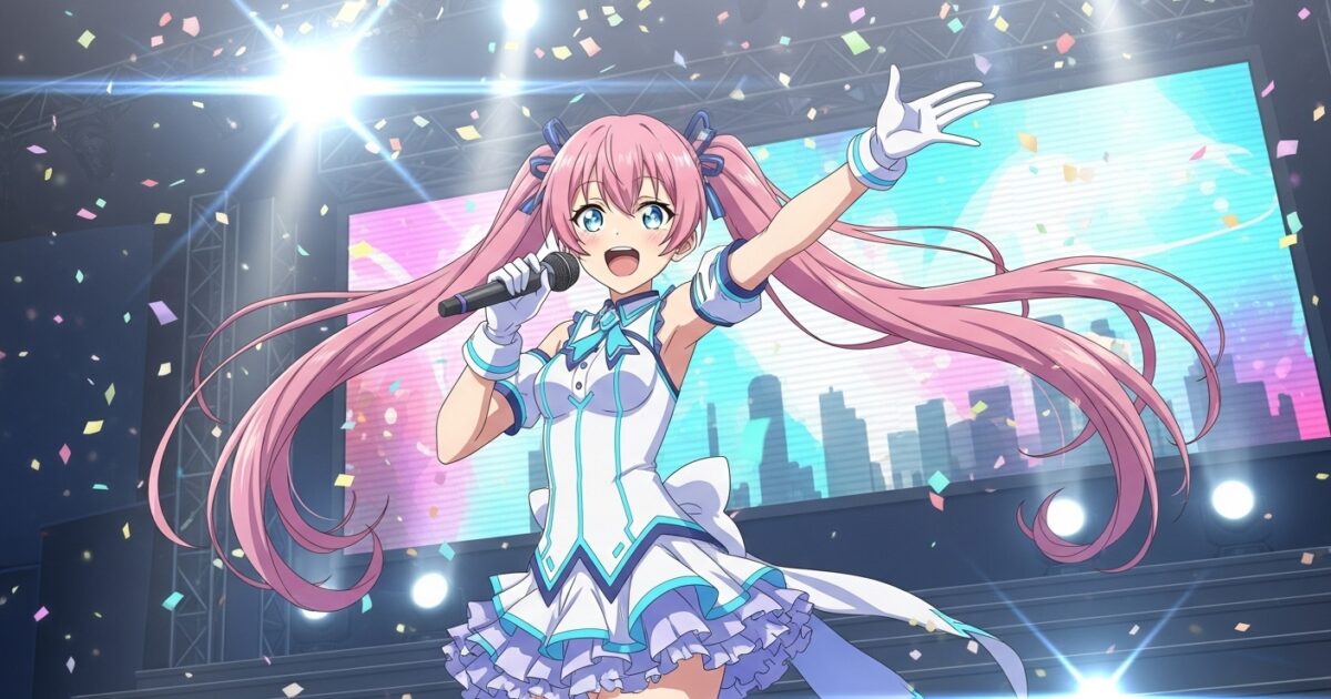 ピンク髪VTuberがライトを浴びながらステージで熱唱するイラスト