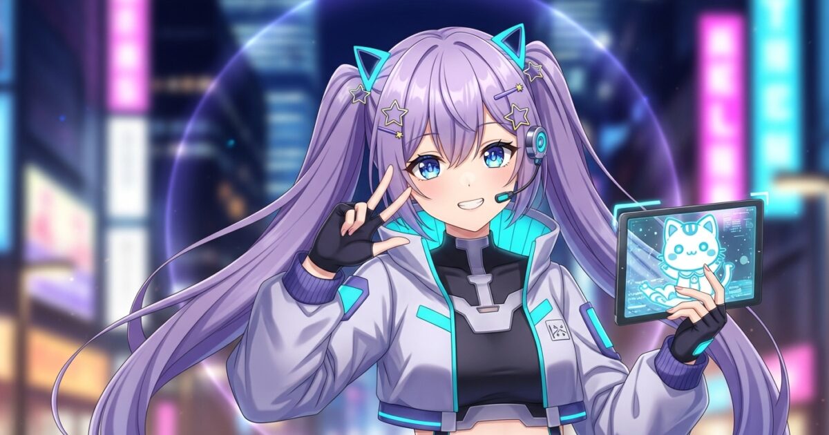 サイバー風衣装の紫髪VTuberがホログラム画面を持ってピースするイラスト