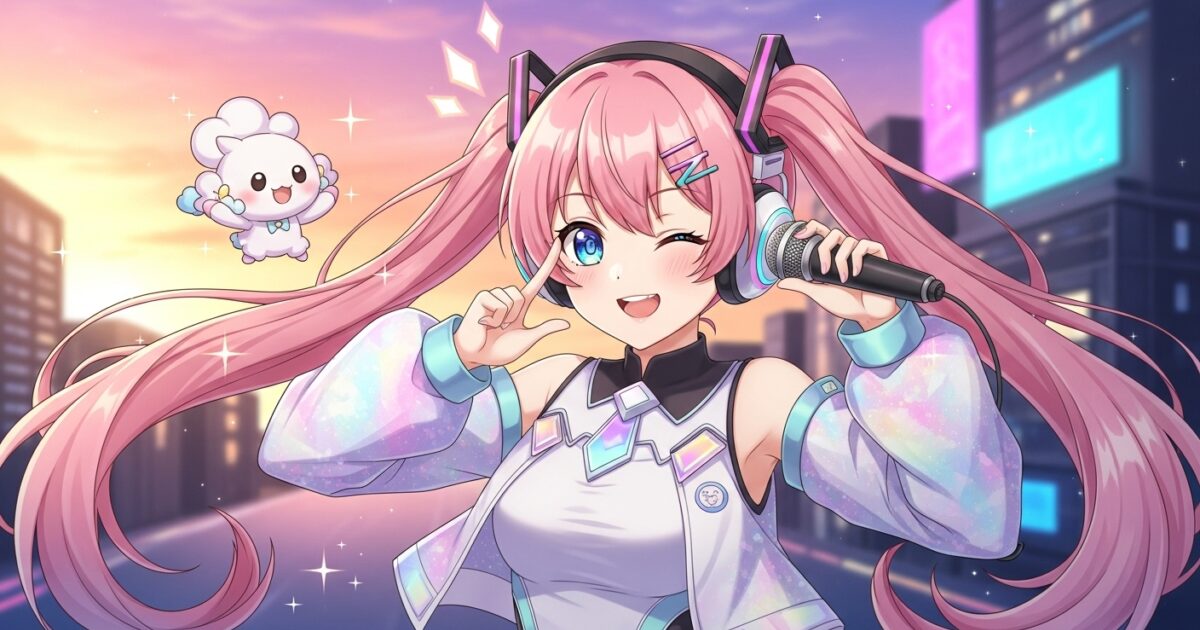 ピンク髪VTuberがマイクを持ち夕暮れの都市背景でウインクするイラスト