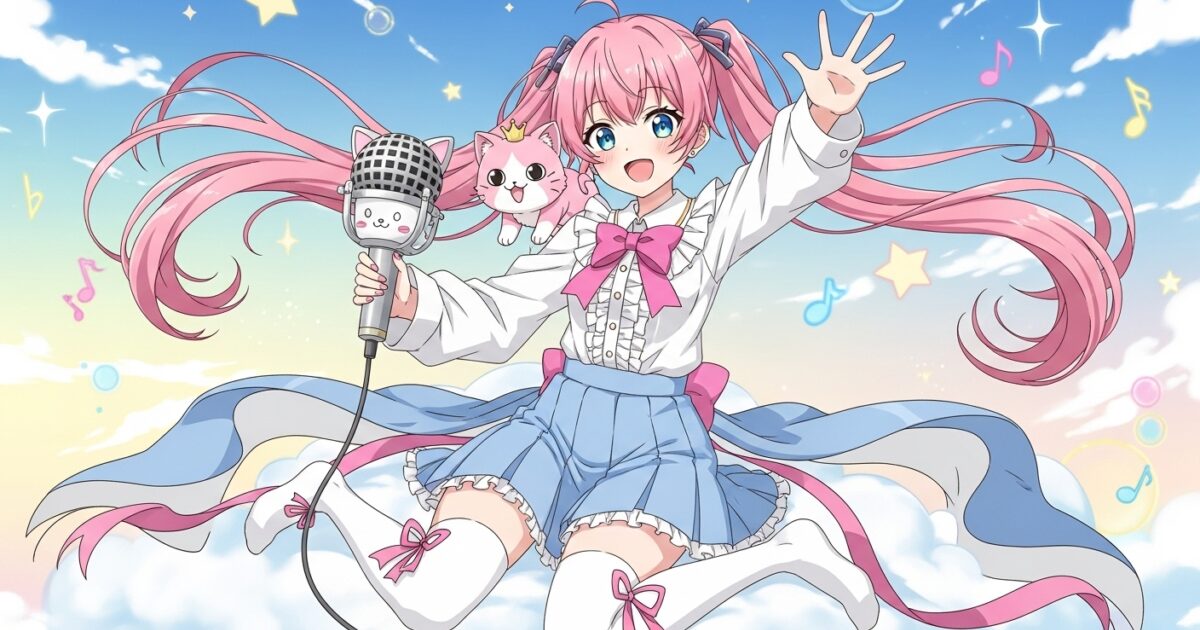 ピンク髪VTuberが雲の上で猫のキャラと一緒に歌う明るいイラスト