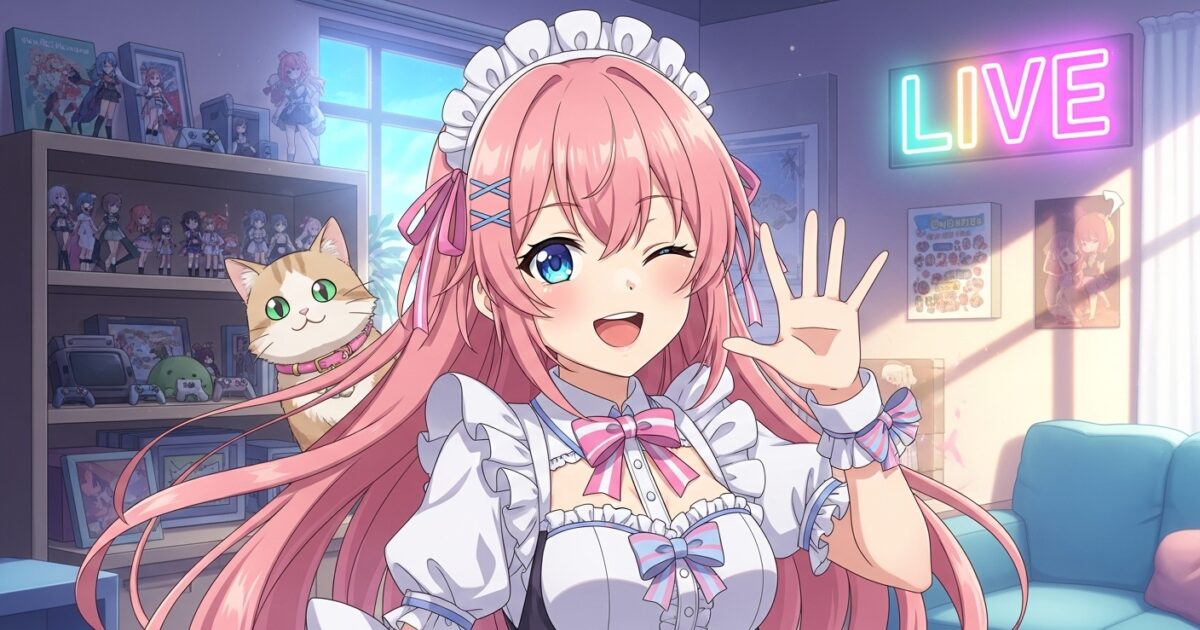 ピンク髪VTuberがメイド服姿で配信部屋から手を振るイラスト