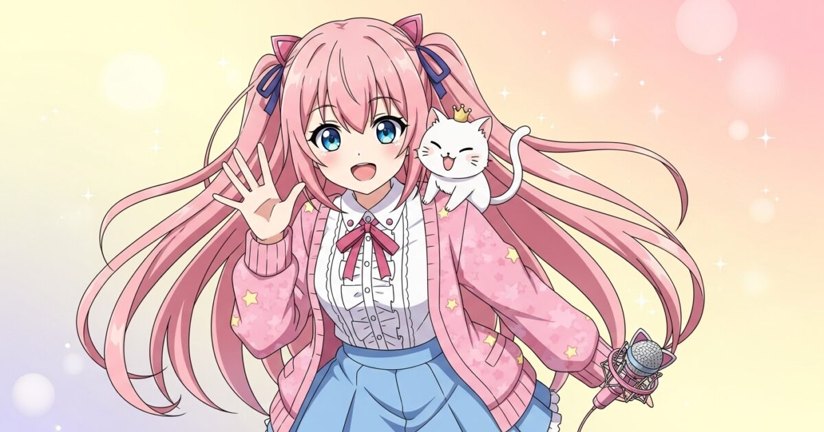 ピンク髪VTuberが猫のキャラと一緒に笑顔で挨拶するイラスト