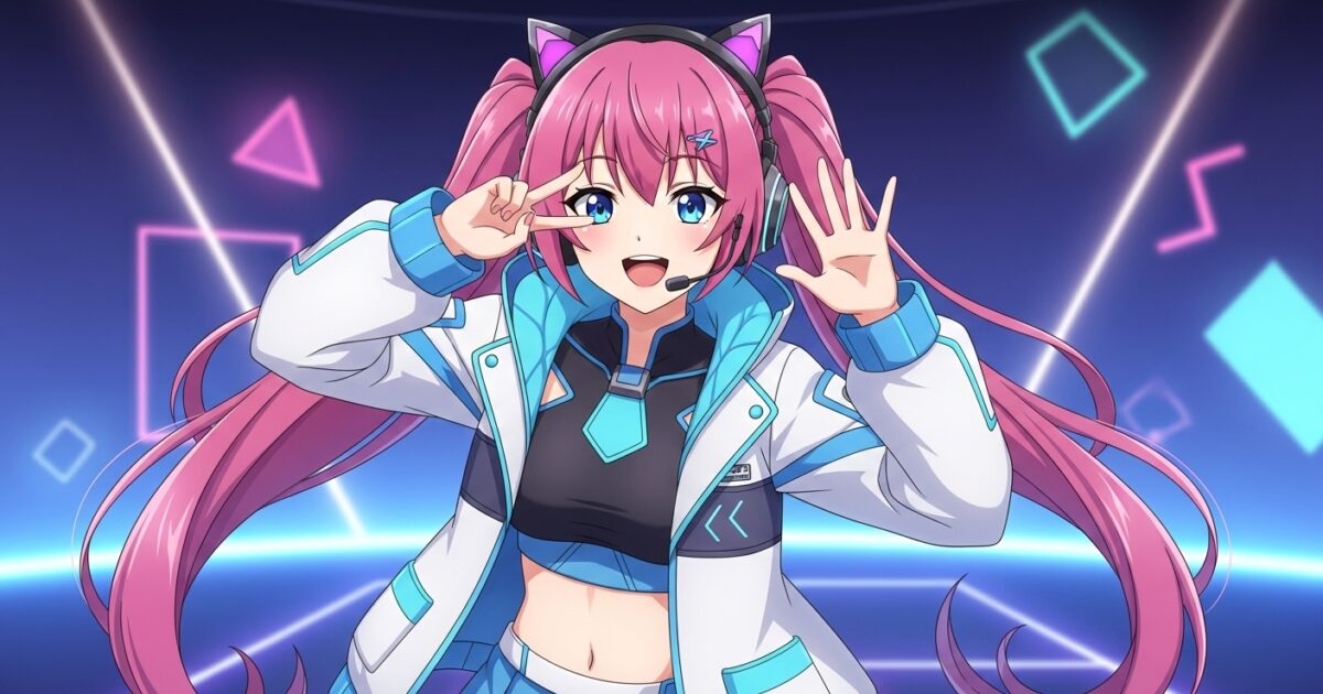 ピンク髪ツインテールのVTuberがヘッドセットをつけてポーズを取るイラスト