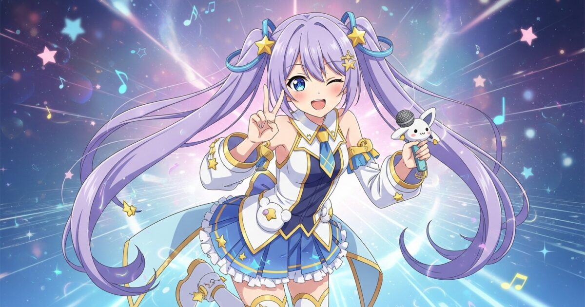 星をあしらった衣装の紫髪VTuberがマイクを持ってポーズするイラスト