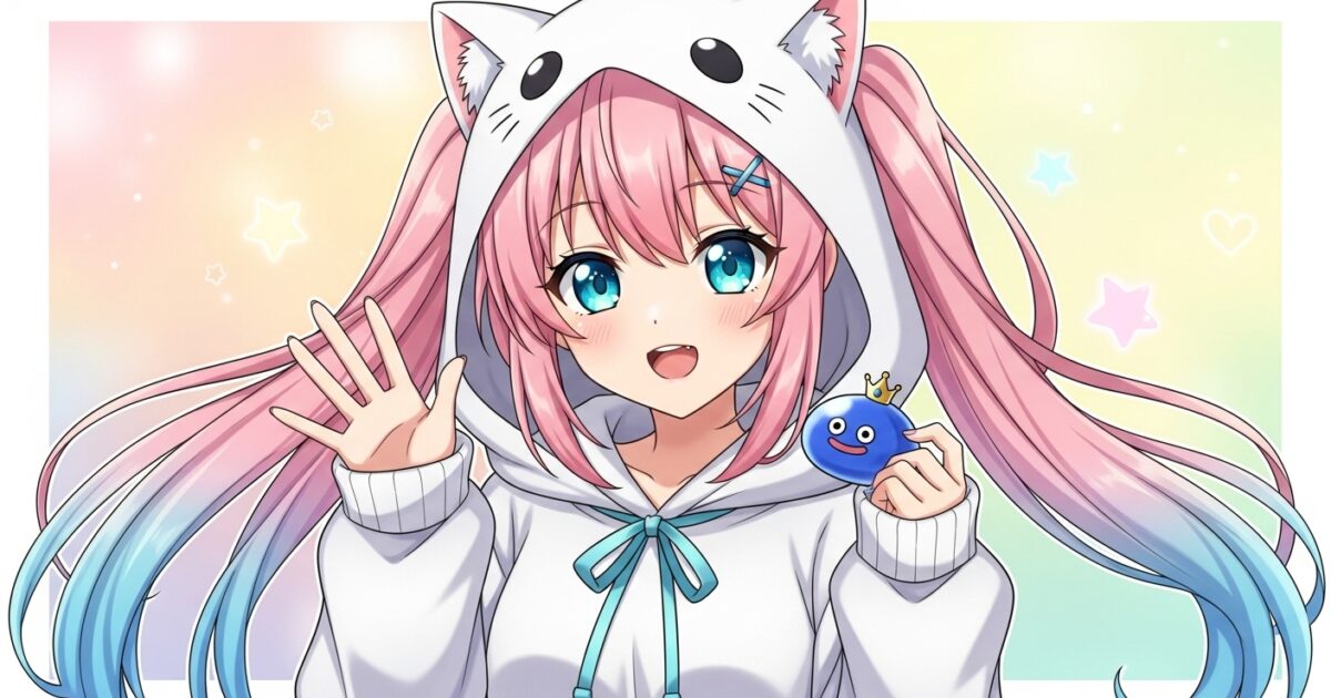 猫耳パーカー姿のピンク髪VTuberがスライム人形を持って手を振るイラスト