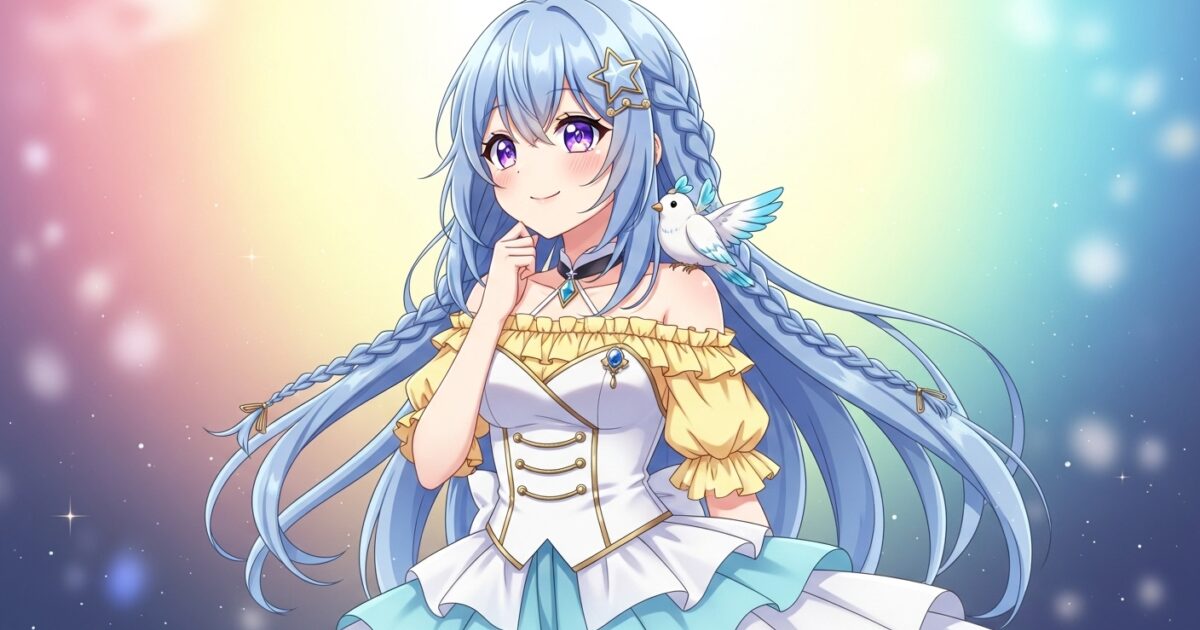 青い鳥が肩に乗った青髪VTuberが幻想的な背景で微笑むイラスト