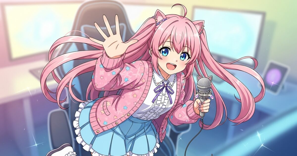 ピンク髪VTuberがマイクを持ち配信部屋で元気に挨拶するイラスト