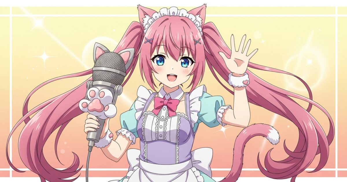 猫耳メイド服のピンク髪VTuberが大きなマイクを持って手を振るイラスト