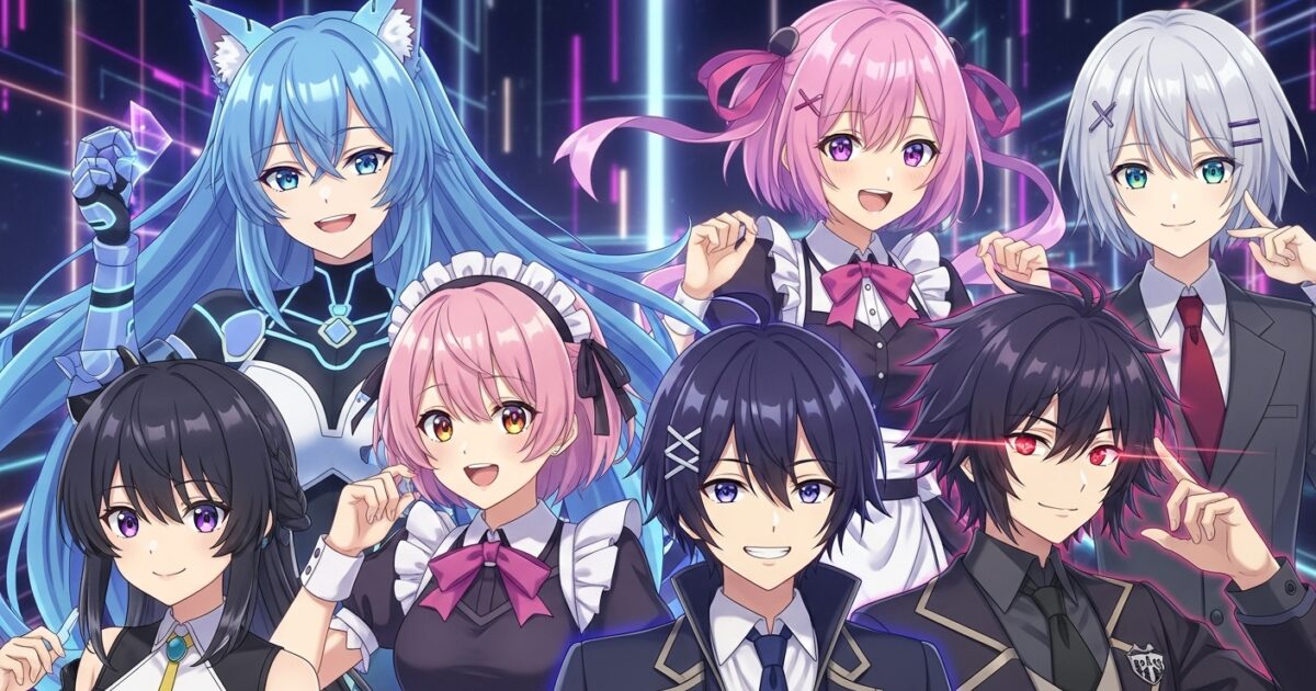 個性豊かなVTuberグループがネオン背景で集合ポーズを取るイラスト