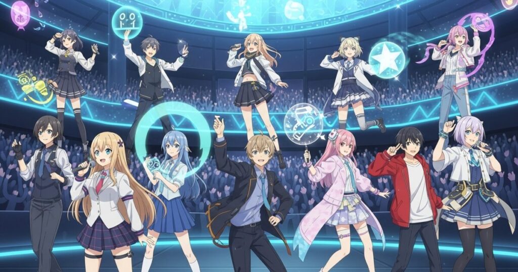 VTuberたちがバーチャルライブステージで観客に向かってパフォーマンスするイラスト