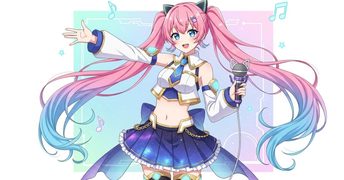 銀河風衣装のピンク髪VTuberがマイクを持ってステージで歌うイラスト