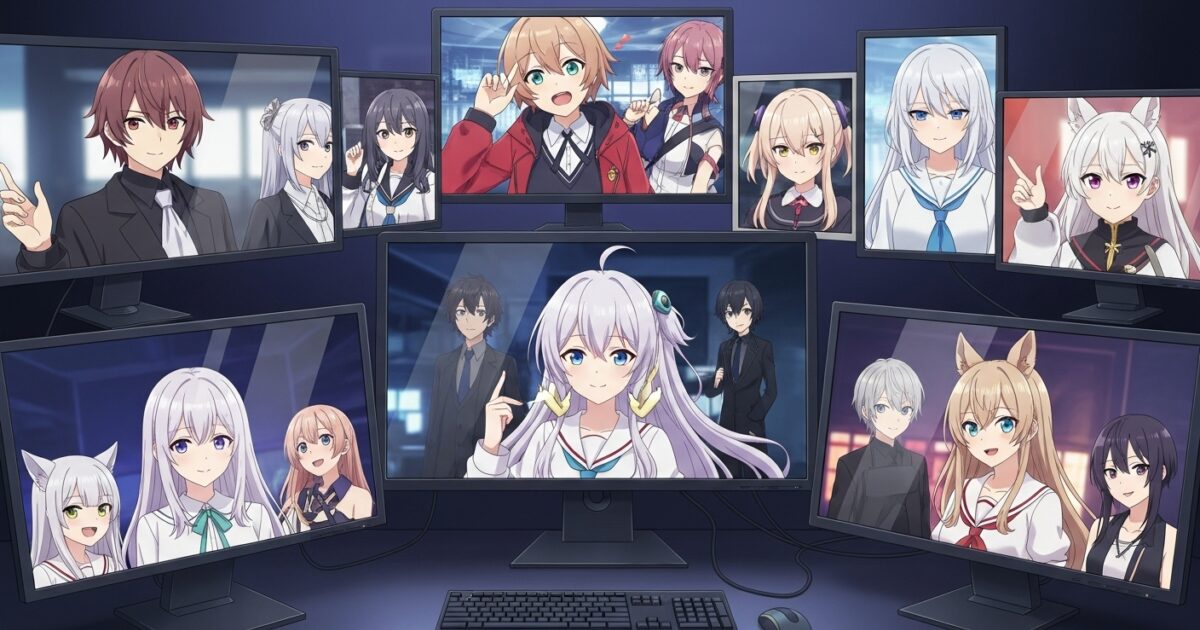 複数のモニターに映ったVTuberたちが同時に配信しているイラスト