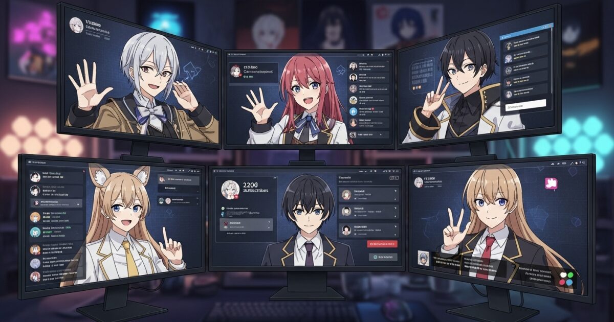 配信画面に登場したVTuberたちがそれぞれ手を振るバーチャル配信のイラスト