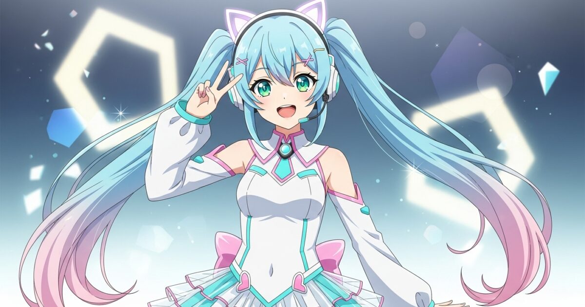 水色とピンクの髪のVTuberがピースサインで微笑む近未来風衣装のイラスト