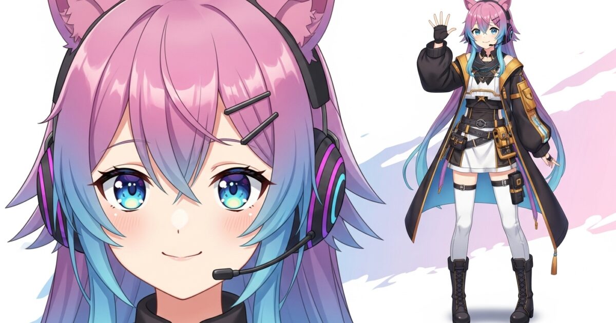 ピンクと水色の髪のVTuberが猫耳ヘッドセット姿でポーズを決める全身イラスト