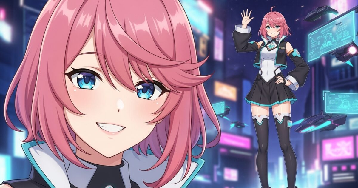近未来都市背景でピンク髪VTuberがテクノロジー衣装で笑顔を見せるイラスト