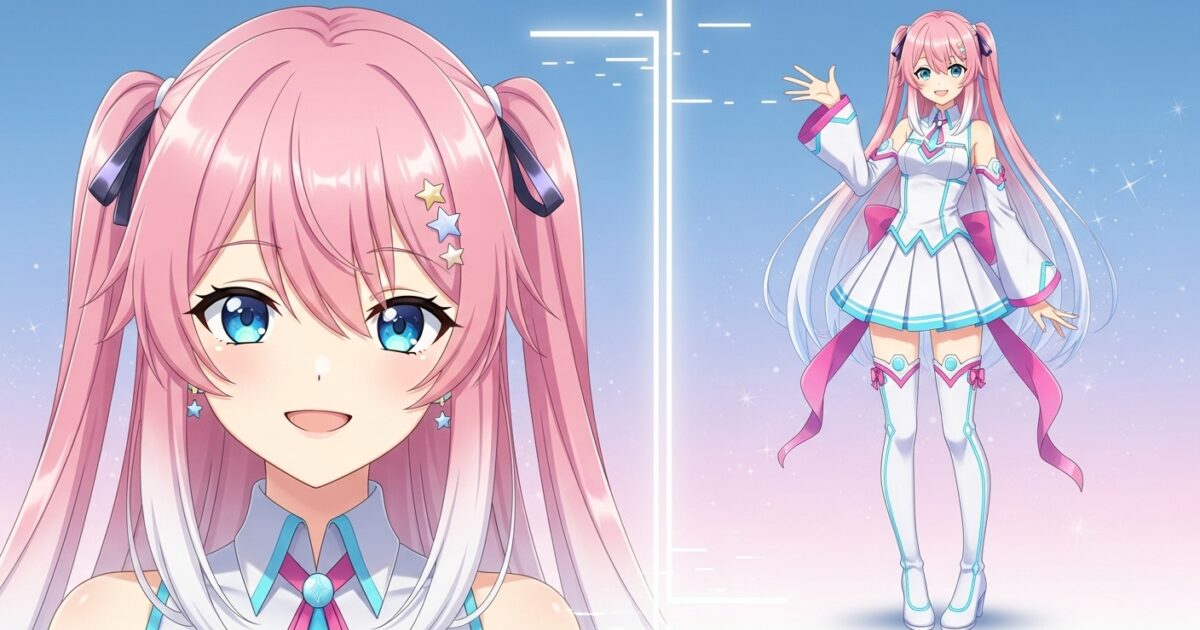 星モチーフの髪飾りをつけたピンク髪VTuberがアイドル衣装で手を振るイラスト