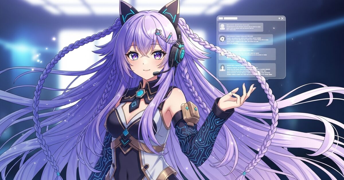 猫耳ヘッドセットの紫髪VTuberがサイバー空間でホログラムを操作するイラスト