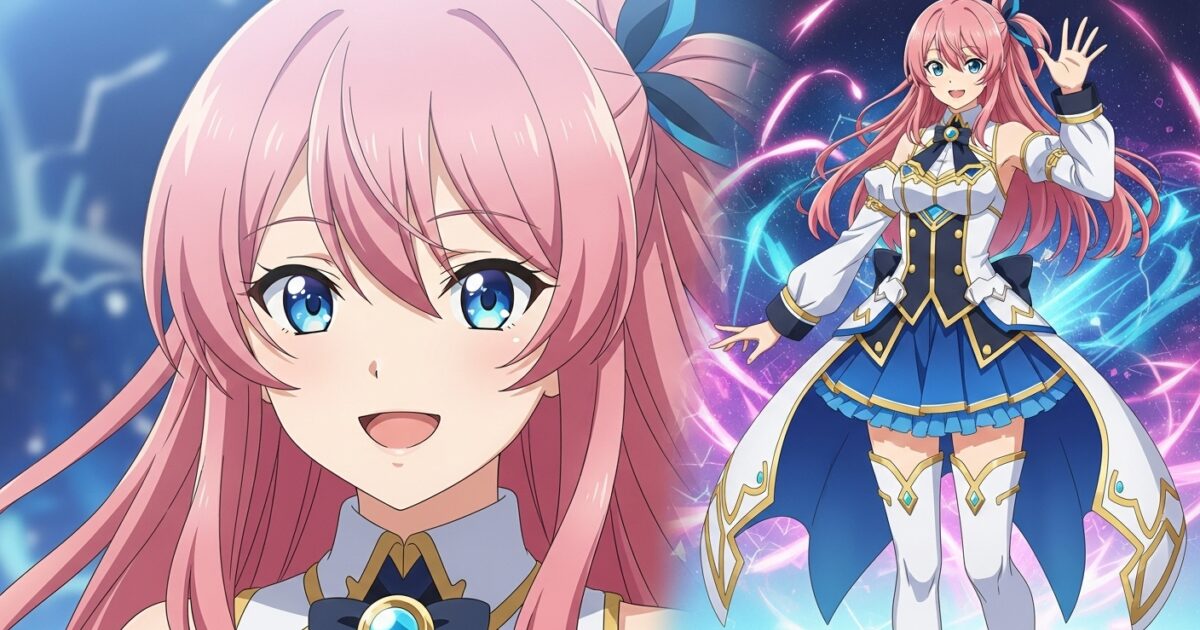 ステージ背景でピンク髪VTuberが魔法アイドル風衣装で微笑むイラスト