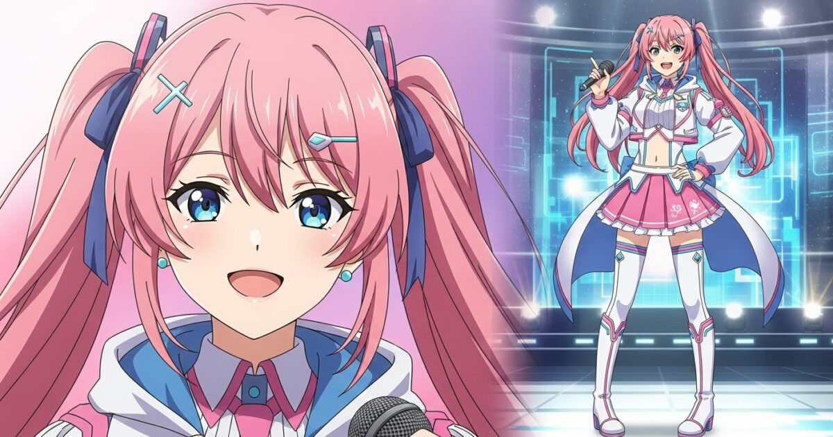 近未来風ステージでピンク髪VTuberがマイクを持って笑顔を見せるイラスト