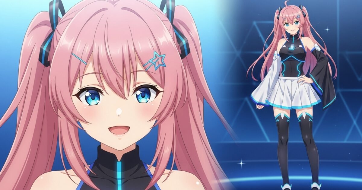 ピンク髪ツインテールのVTuberが近未来風の衣装で笑顔を見せるイラスト