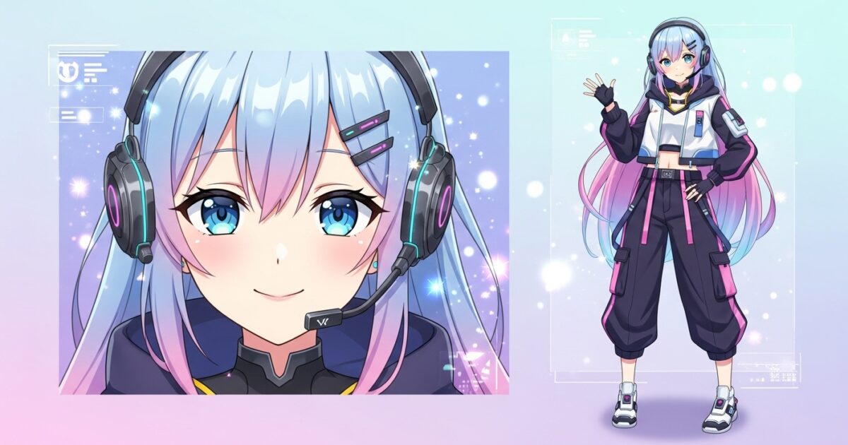 水色とピンクの髪のVTuberがヘッドセット姿でスポーティな衣装を着たイラスト