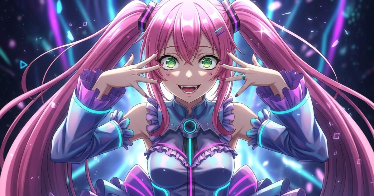 ピンク髪VTuberがサイバーステージでツインテールを揺らしながらダンスするイラスト