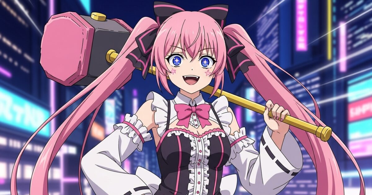 ピンク髪VTuberがフリル付きゴシック衣装で大きなハンマーを持つイラスト