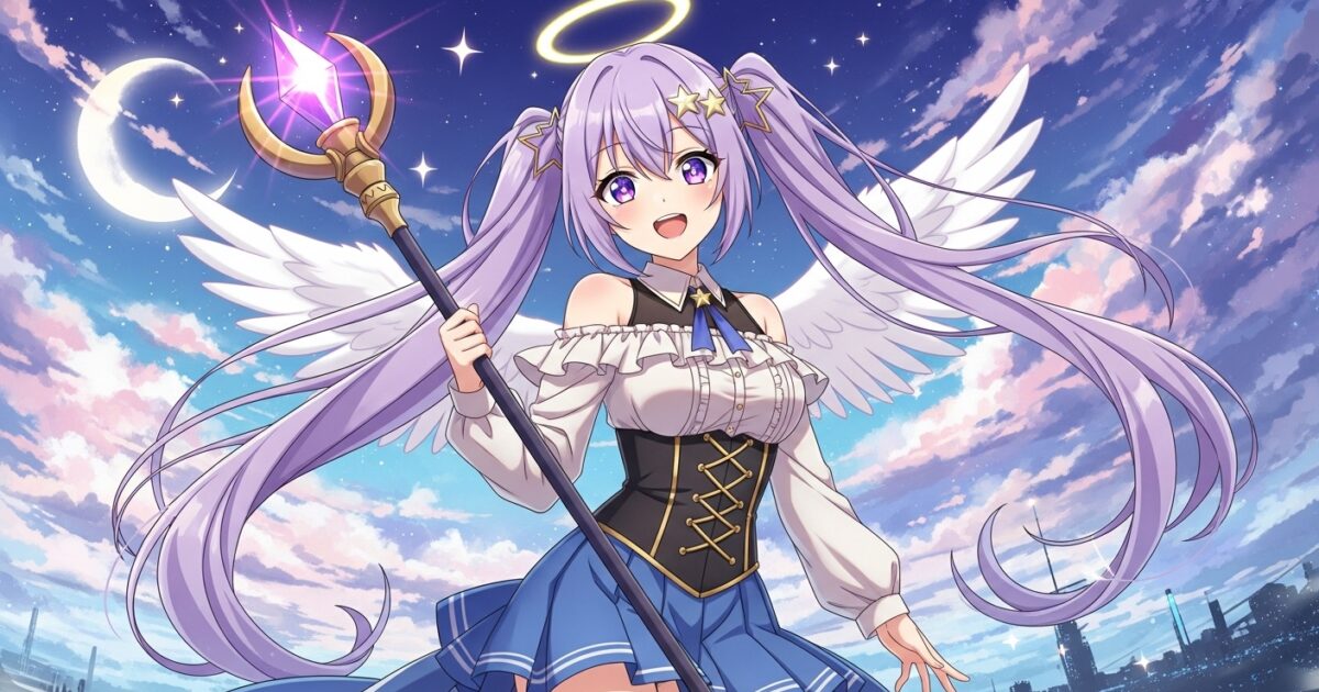 紫髪の天使風VTuberが魔法の杖を持って夜空に立つイラスト