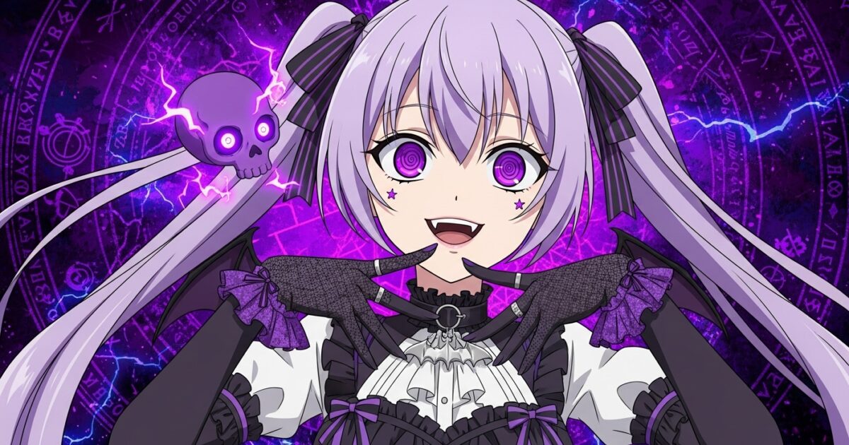 紫髪VTuberが魔法陣背景で不気味に笑うダークゴスロリ風イラスト