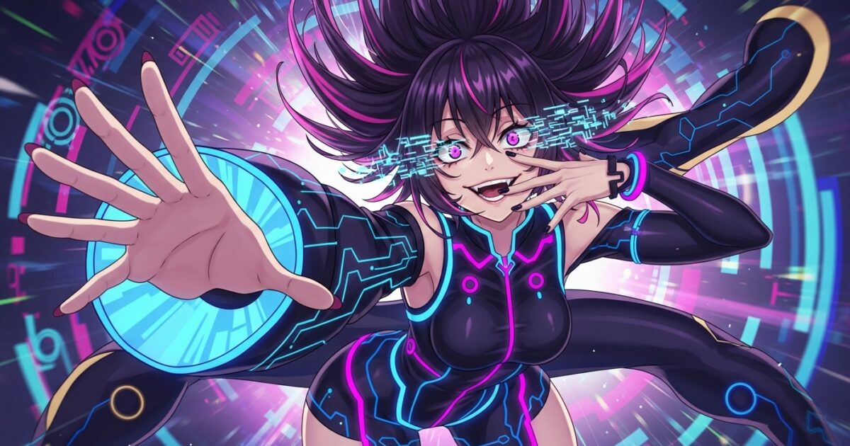 黒髪VTuberがサイバースーツを着てハイテンションなポーズを取る近未来風イラスト