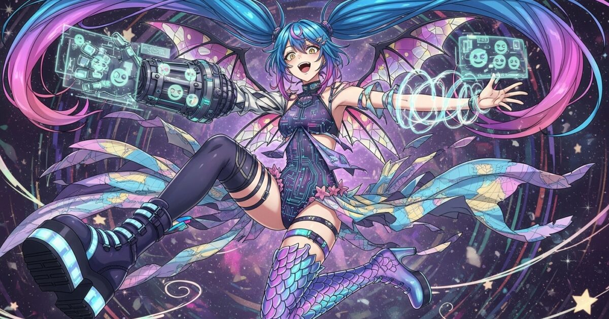 青紫ツインテールのVTuberが宇宙空間で機械の腕とホログラムを使うイラスト