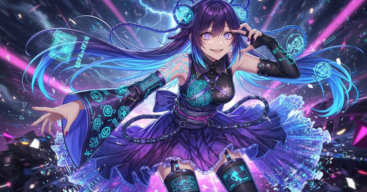 紫髪VTuberが雷エフェクトの中でハッキング風演出をする近未来バトル衣装のイラスト