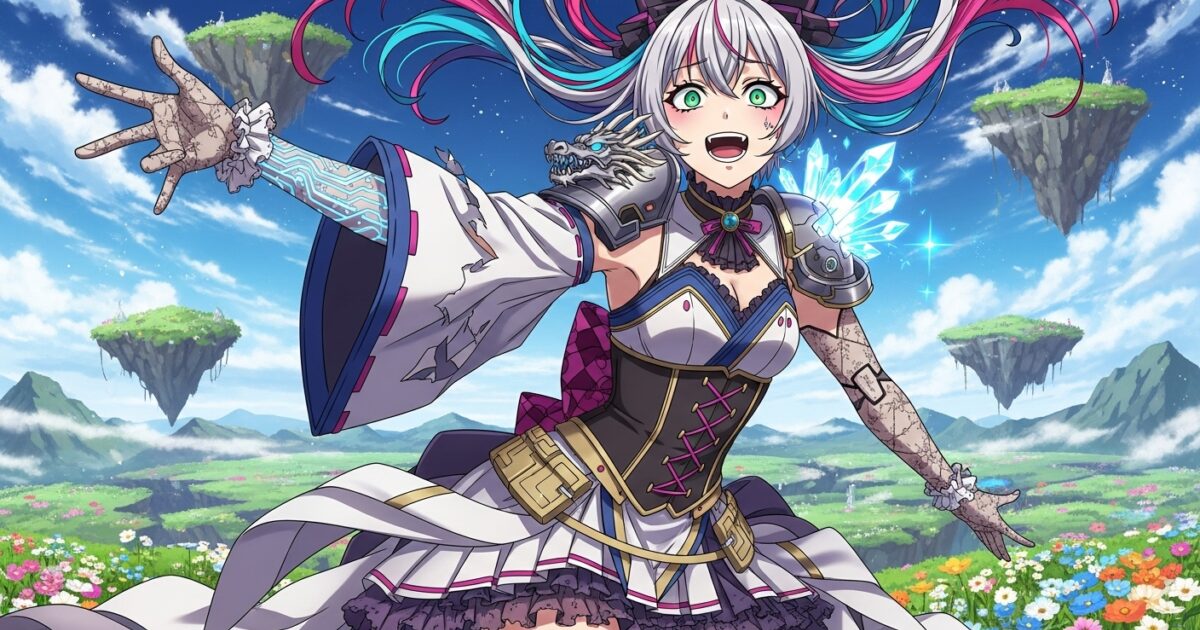 銀髪VTuberが空中浮遊する島を背景にファンタジー風衣装で微笑むイラスト