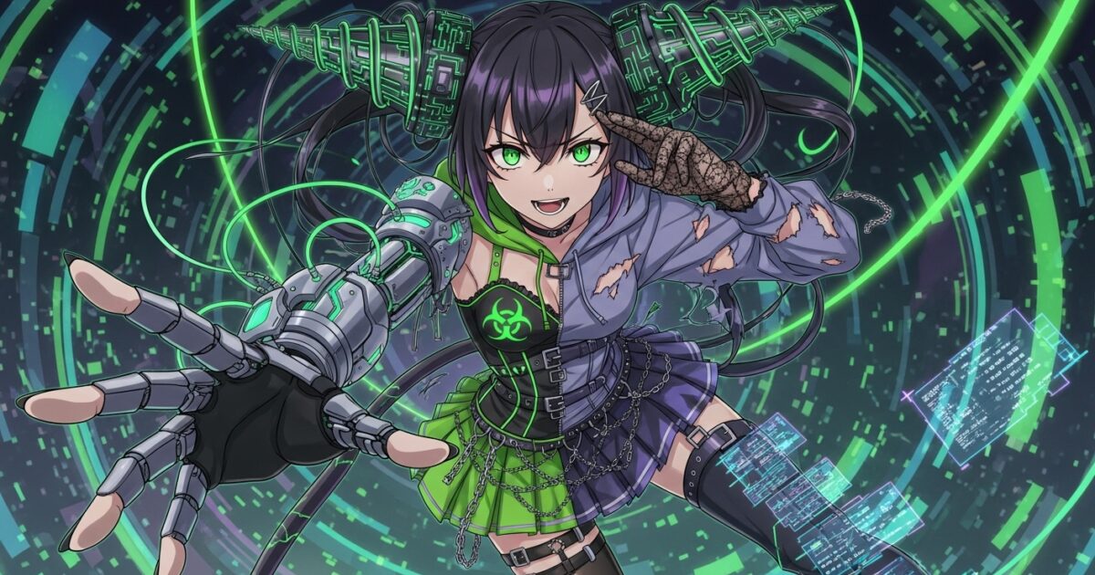 黒髪VTuberがドリル型装備と義手を使ってポーズを決めるサイバーパンク風イラスト