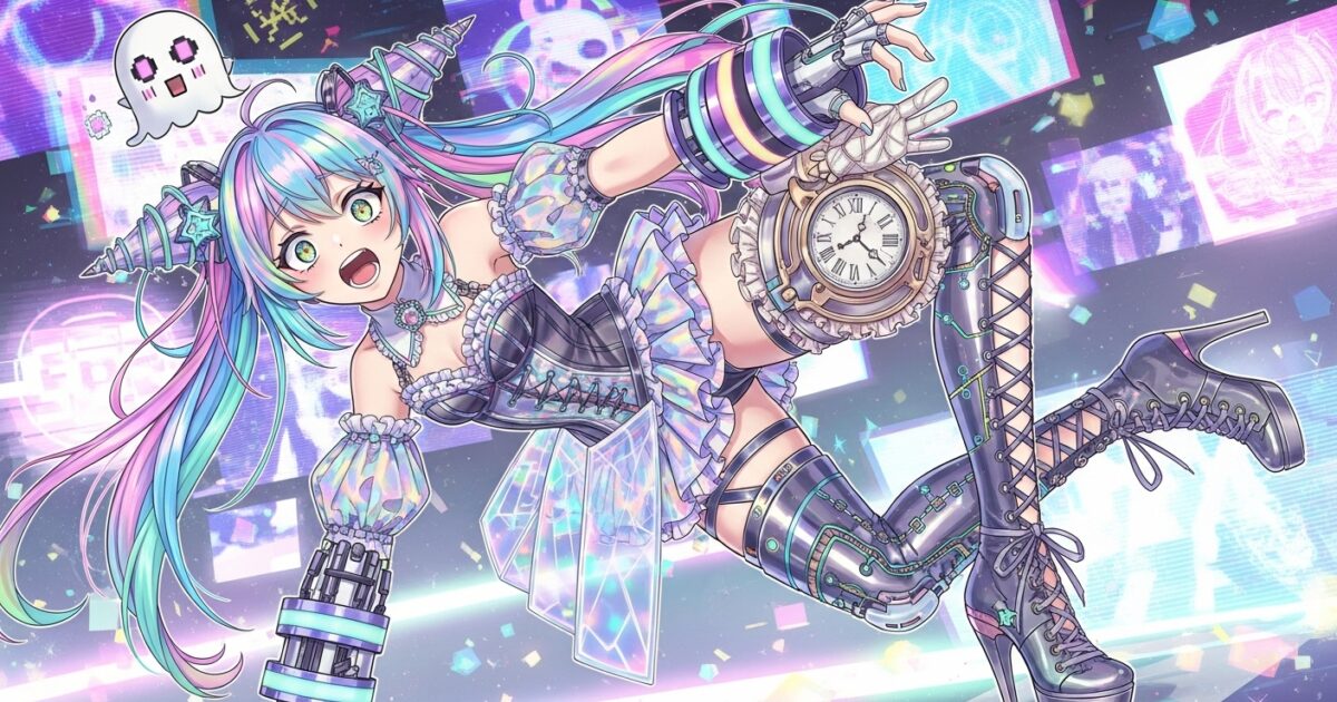 水色とピンクの髪のVTuberがゴスロリ風の衣装と時計を持って浮かぶイラスト