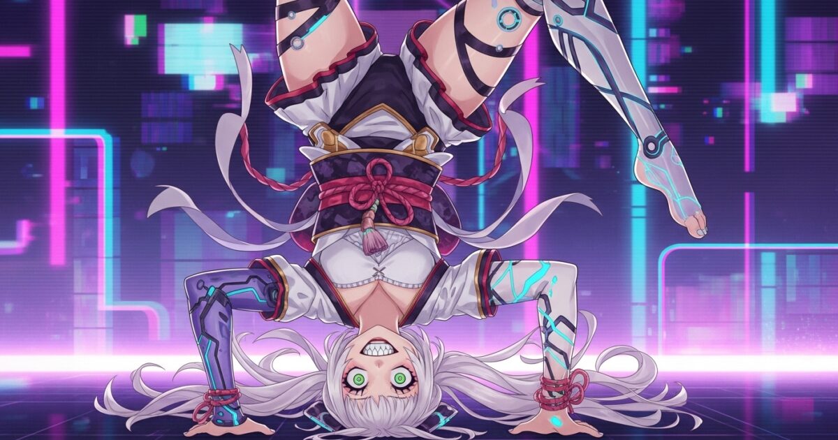 白髪VTuberが逆立ちポーズでサイバー着物を着た元気なイラスト