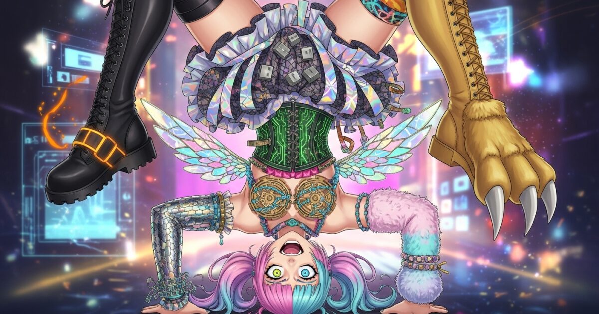 カラフルなVTuberが動物風衣装で逆立ちしながら笑顔を見せるイラスト