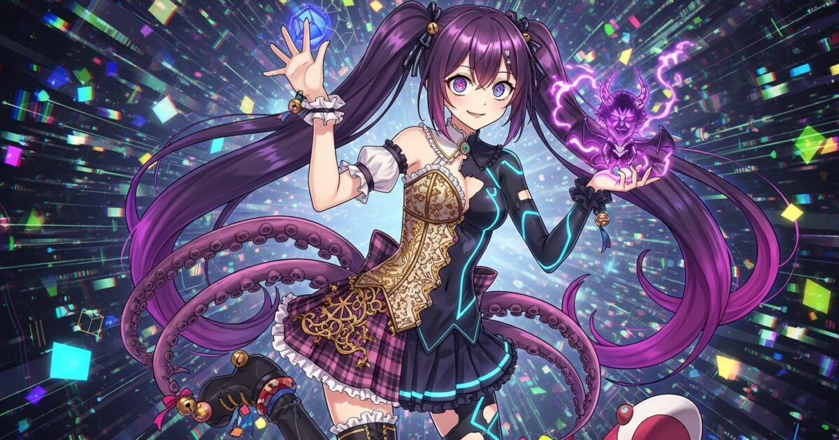 触手付き衣装を着た紫髪ツインテールのVTuberが魔法のようなエフェクトを操るイラスト