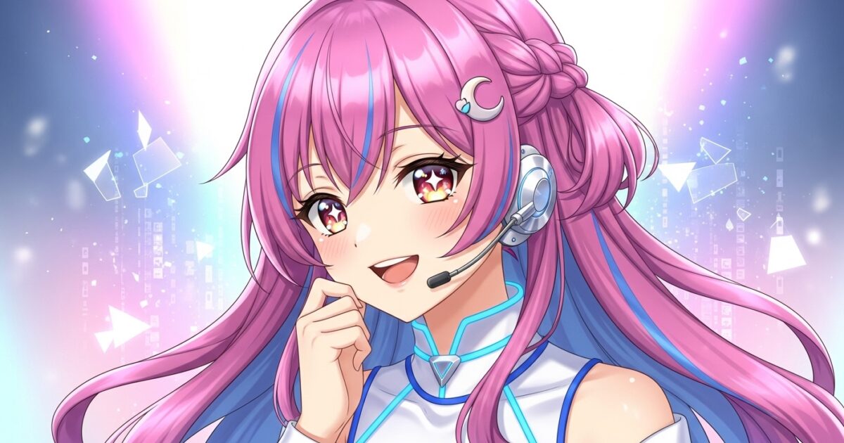 ピンク髪のVTuberがヘッドセットをつけて微笑む幻想的な雰囲気のイラスト