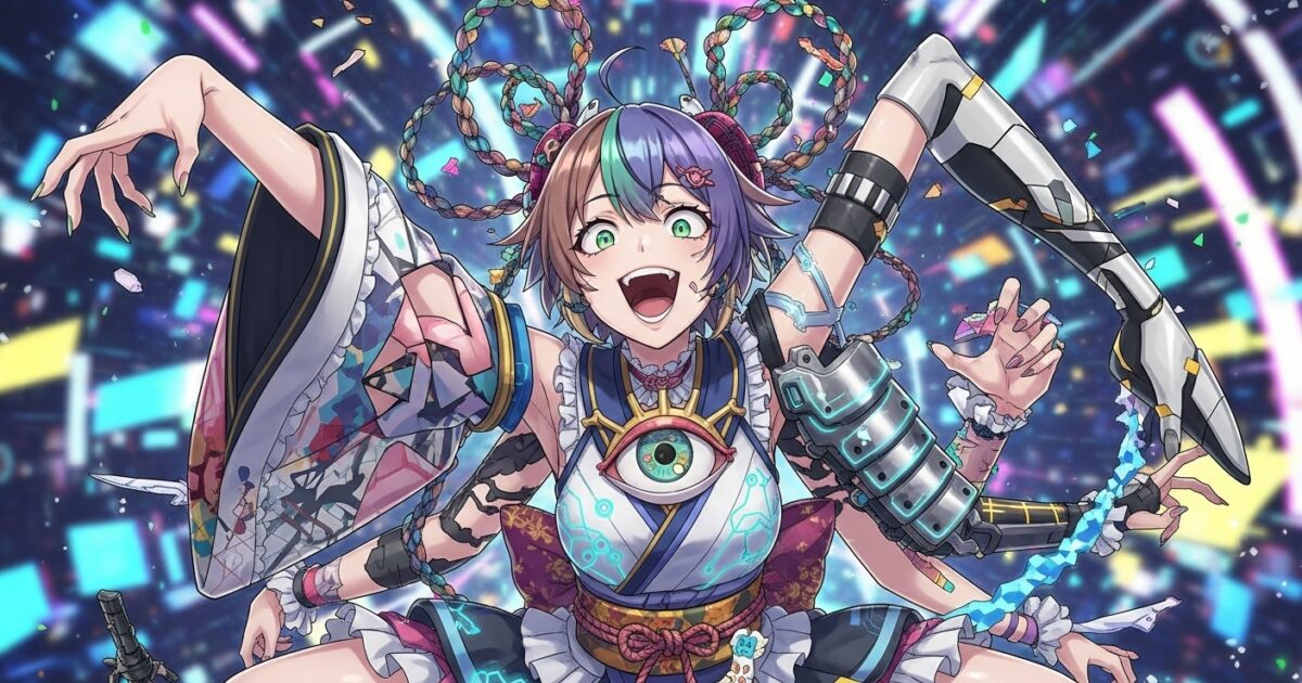 多腕と義手を持つVTuberが一つ目の胸パーツ付き衣装で笑顔を見せるイラスト