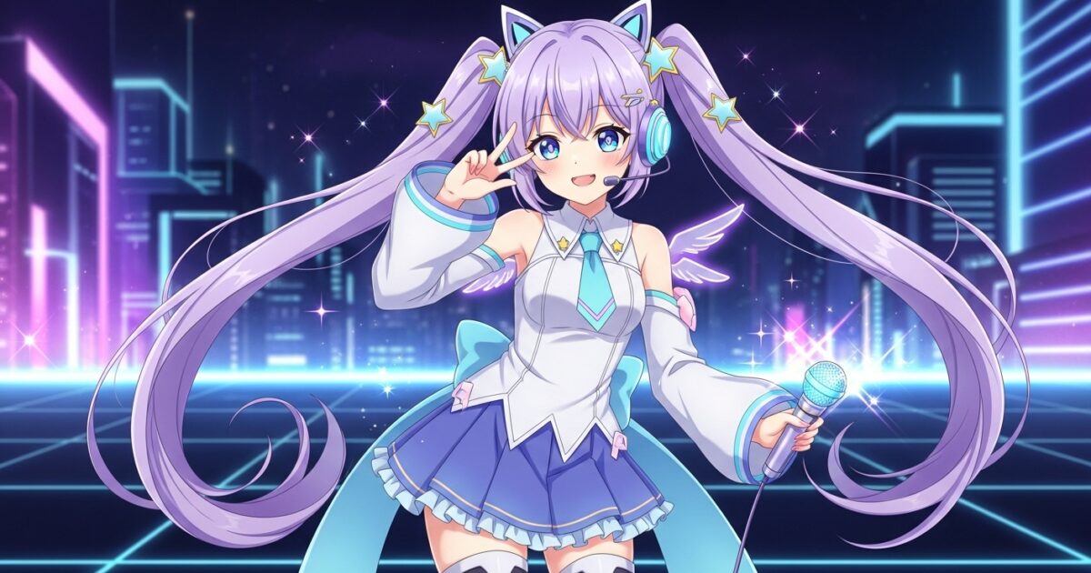 紫髪ツインテールのVTuberがマイクを持ってステージに立つサイバーパンク風イラスト