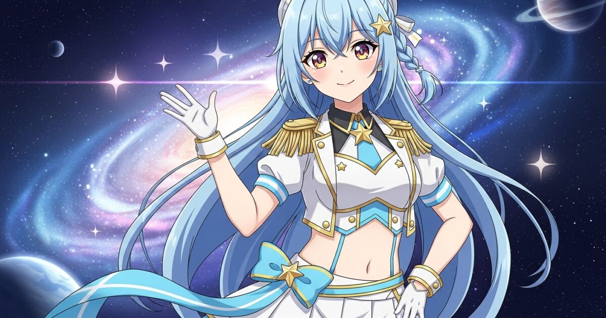 宇宙を背景にしたアイドル衣装の青髪VTuberが手を振るイラスト